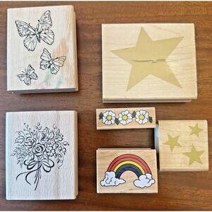 Lot of 6 Wooden Rubber Stamps‎ – Butterflies, Flowers, Stars, Rainbow, Daisies –